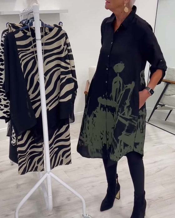 Lässiges Kleid mit Reversknopf und Kontrastdruck