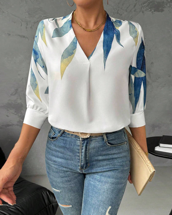 Modische bedruckte All-Match-Bluse mit V-Ausschnitt