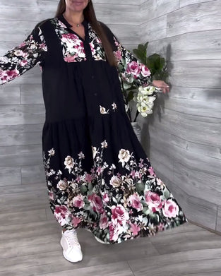 Kleid Blumenmuster Lässig Laternenärmel