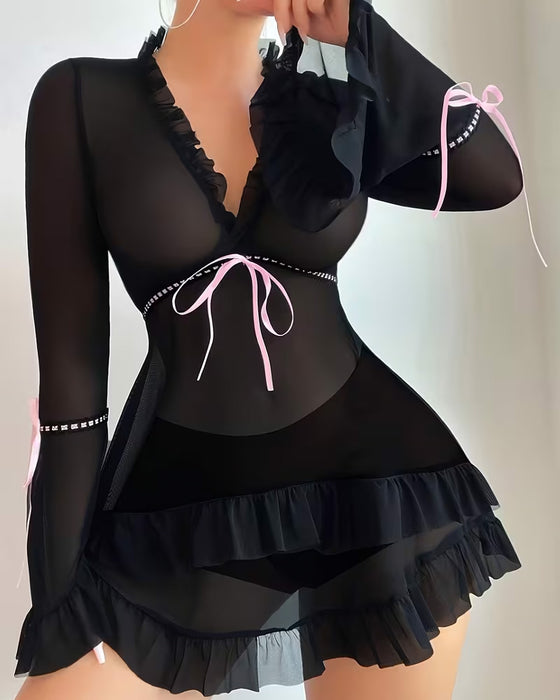Schlafkleid Langarm Schnürung Durchsichtig