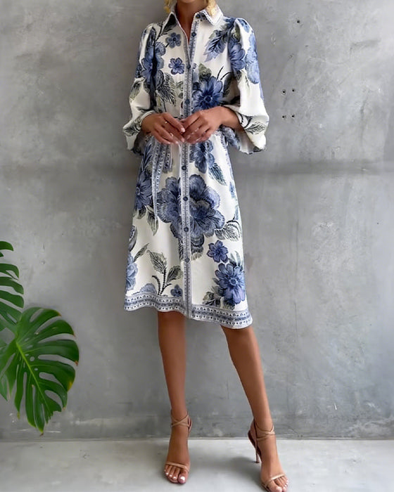 Lampenärmel Kleid mit Reverskragen und Print