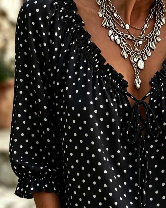 Bluse V-Ausschnitt Rüsche Polka Dot Bindung