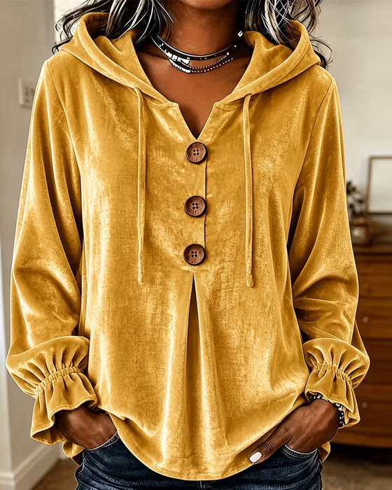 Hoodie Einfarbig Knopf Lässig
