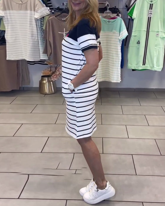 Kleid Rundhals-Ausschnitt Casual Gestreift