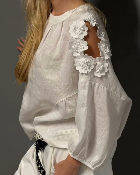 Blusen Rundhals Ausschnitt Off-Shoulder 3D Blumig