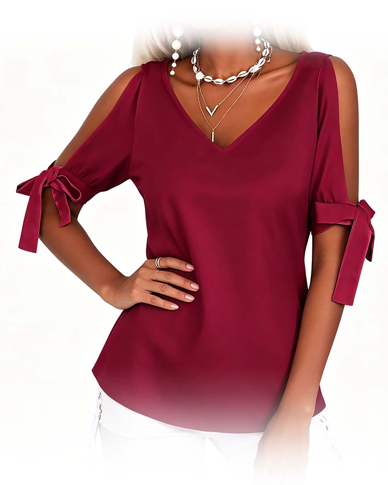 Bluse V-Ausschnitt Cold Shoulder Schleife Einfarbig
