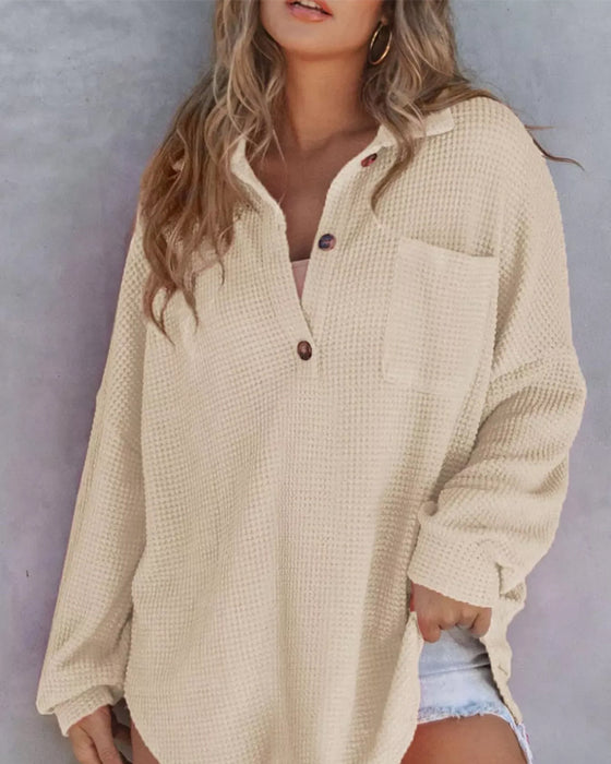 Bluse Unifarben Knopf-Leiste Locker Revers