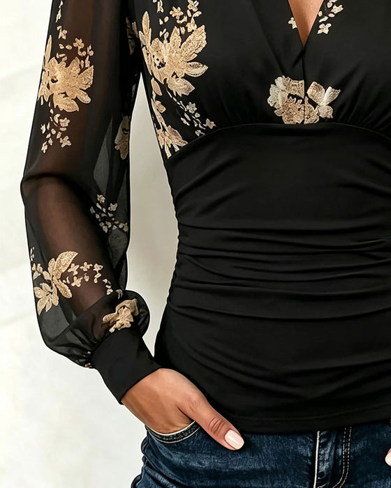 Top V-Ausschnitt Mesh Patchwork Bedruckt