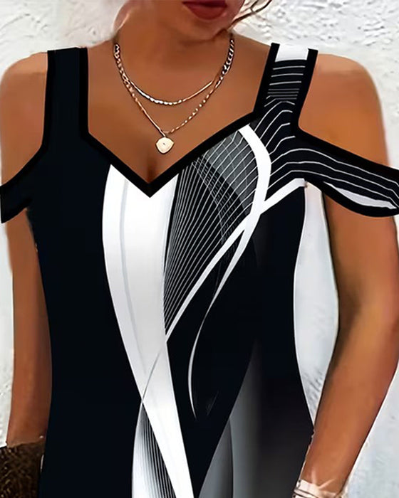 Kleid V-Ausschnitt Off-Shoulder Gestreift Schlitz