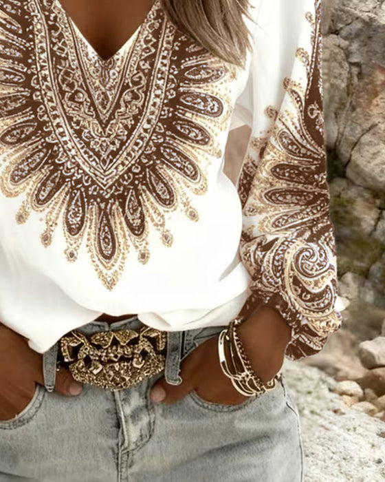 Top Mit V-Ausschnitt Und Retro-Print