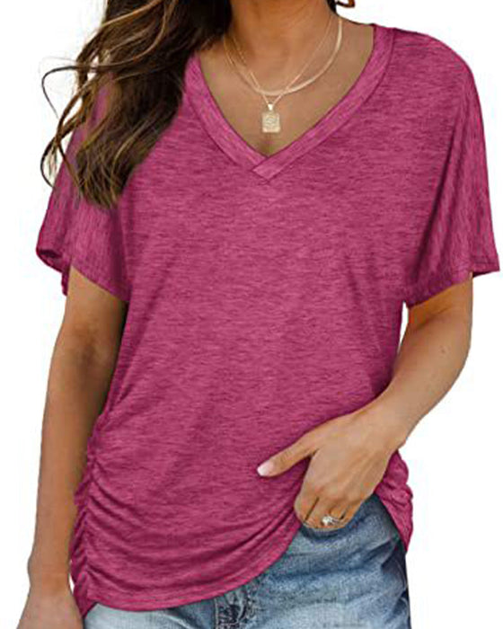 T-Shirt Plissiert Einfarbig V-Ausschnitt