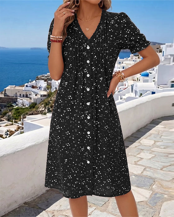 Kleid Blumenmuster V-Ausschnitt Knopfleiste vorne