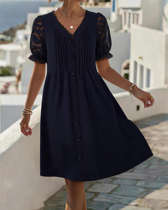 Kleid V-Ausschnitt Knopf Gerafft Spitze Patchwork