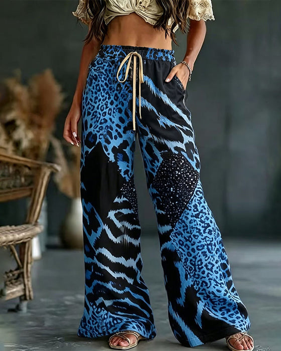 Hose Leoparden Druck Patchwork Weites Bein Casual