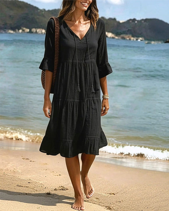 Kleid Ausgestellt Halbarm Bindegürtel