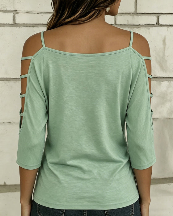 T-Shirt Uni Farbe Ellenbogenlang Ärmel Off-Shoulder