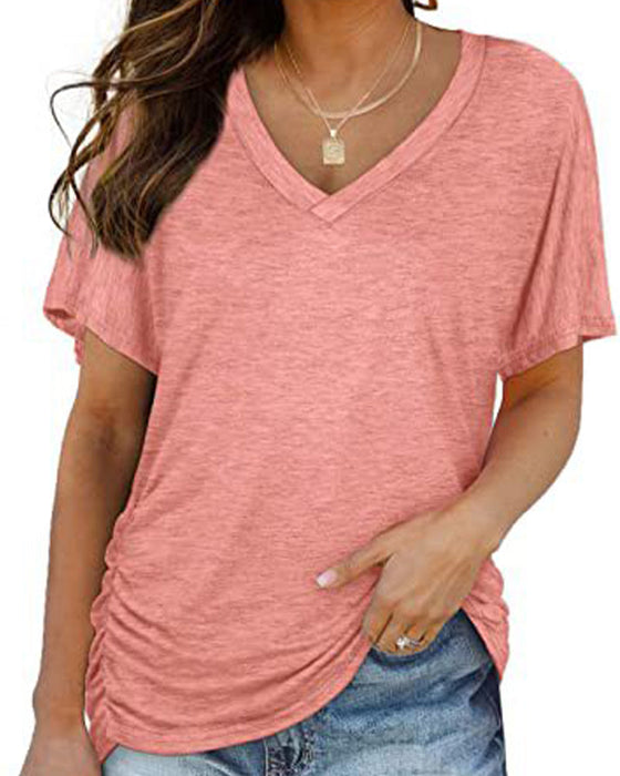 T-Shirt Plissiert Einfarbig V-Ausschnitt