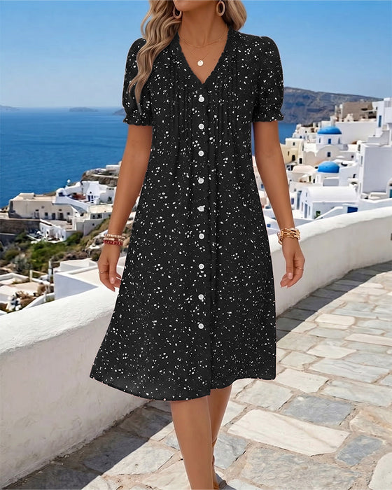 Kleid Blumenmuster V-Ausschnitt Knopfleiste vorne