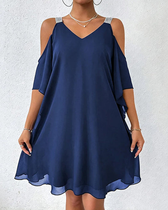 Kleid Paillette Schulterfrei Unifarben