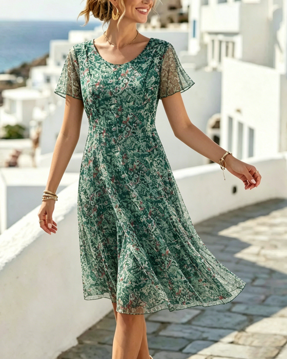 Kleid Blumig Kurzarm A-Linie
