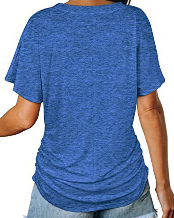 T-Shirt Plissiert Einfarbig V-Ausschnitt