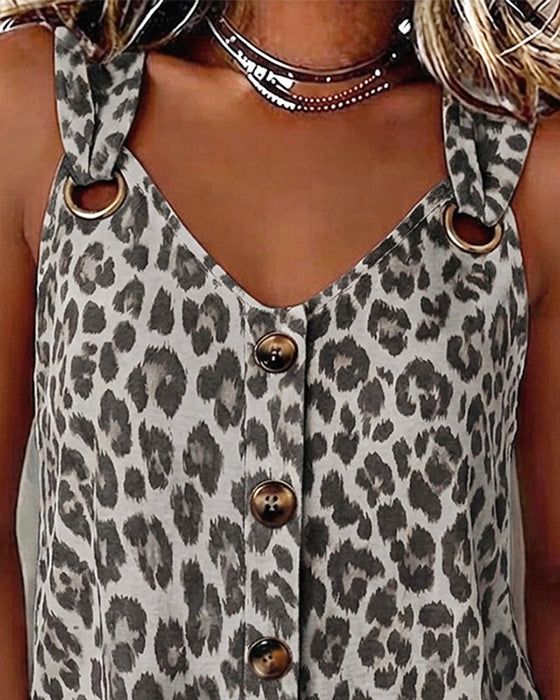 Tank Top Leopard Spaghettiträger Knopf Metallschnalle