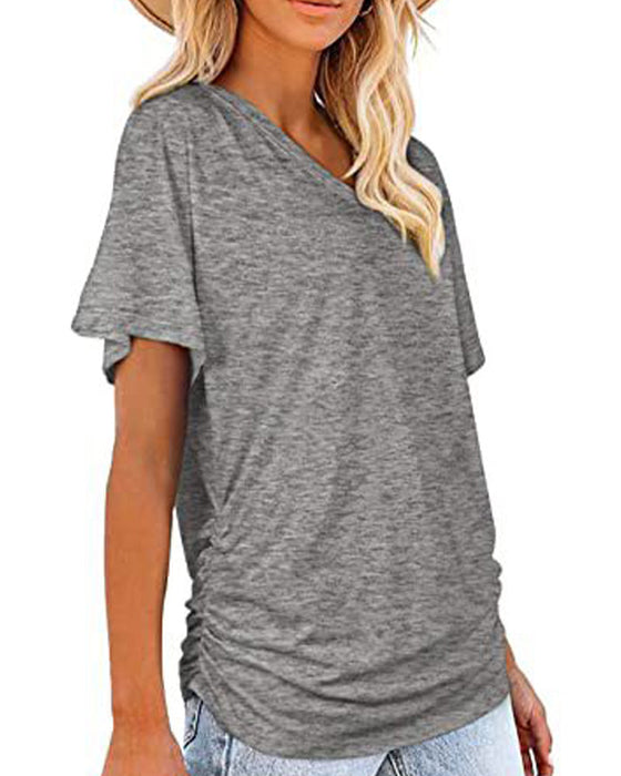 T-Shirt Plissiert Einfarbig V-Ausschnitt