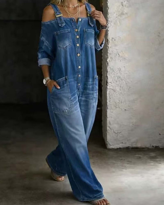Jumpsuit Spaghettiträger Kalte Schulter Weites Bein Denim