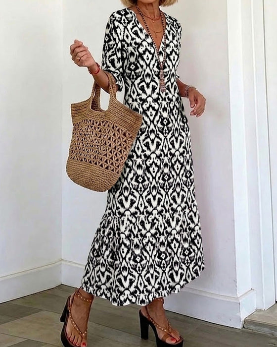 Kleid V-Ausschnitt Halblanger Ärmel Rüsche A-Linie