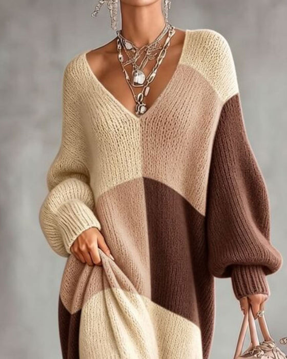 Strickkleid Karomuster Farbblock V-Ausschnitt Lang