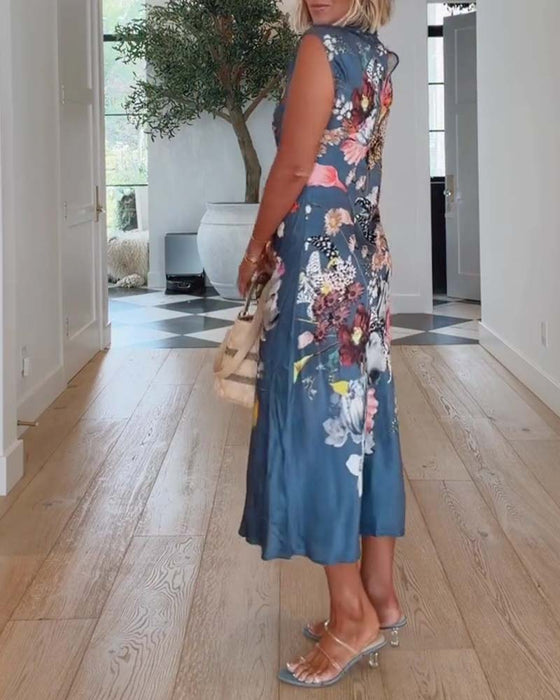 Kleid Hoher Hals Ärmellos Blumig Tailliert
