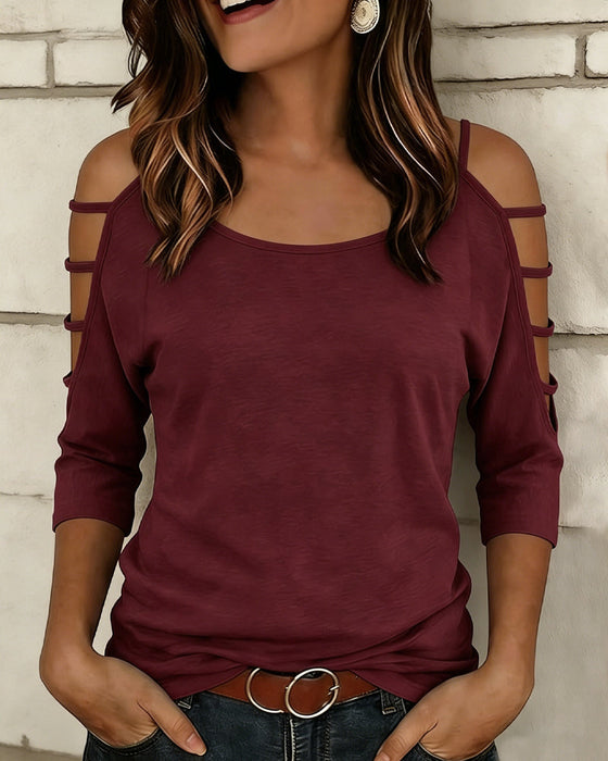 T-Shirt Uni Farbe Ellenbogenlang Ärmel Off-Shoulder