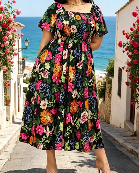 Kleid Quadratischer Ausschnitt Große Blume Midi