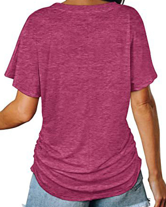 T-Shirt Plissiert Einfarbig V-Ausschnitt