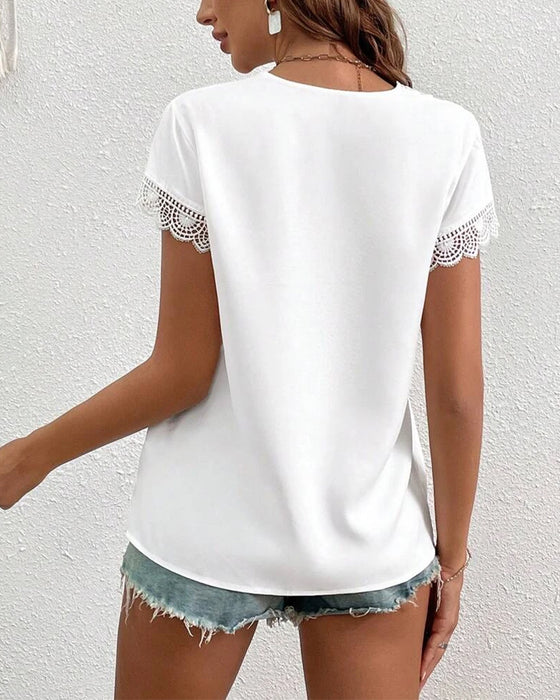T-Shirt Spitze Hohl Einfarbig