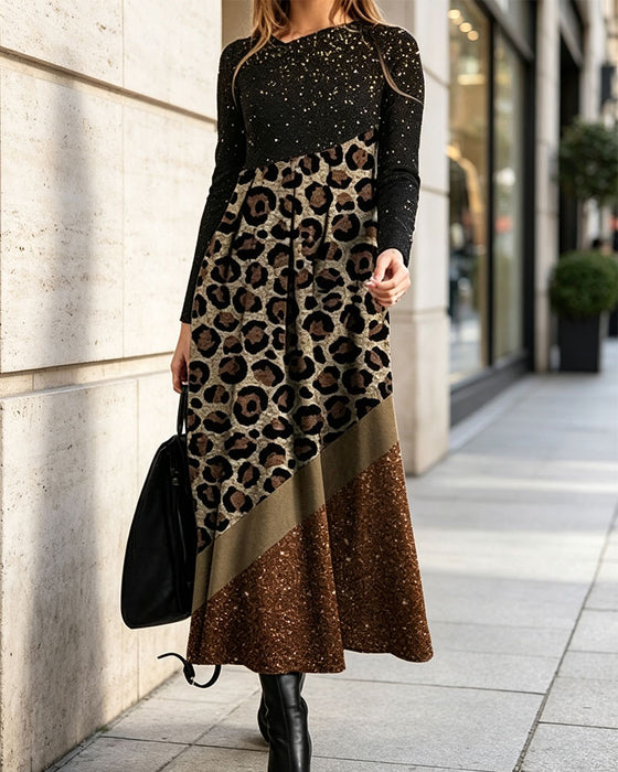 Kleid Leopardenmuster Patchwork Langarm