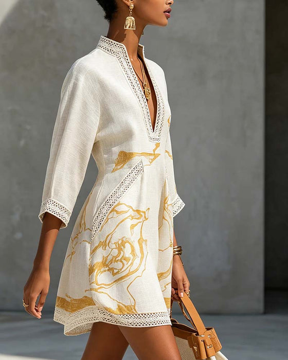 Kleid Stehkragen Halbärmel Hohl