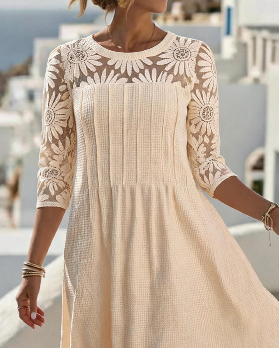 Kleid Rundhals Spitze Patchwork Waffel