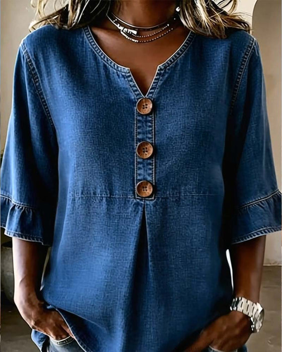 Bluse V-Ausschnitt Ausgestellter Ärmel Denim