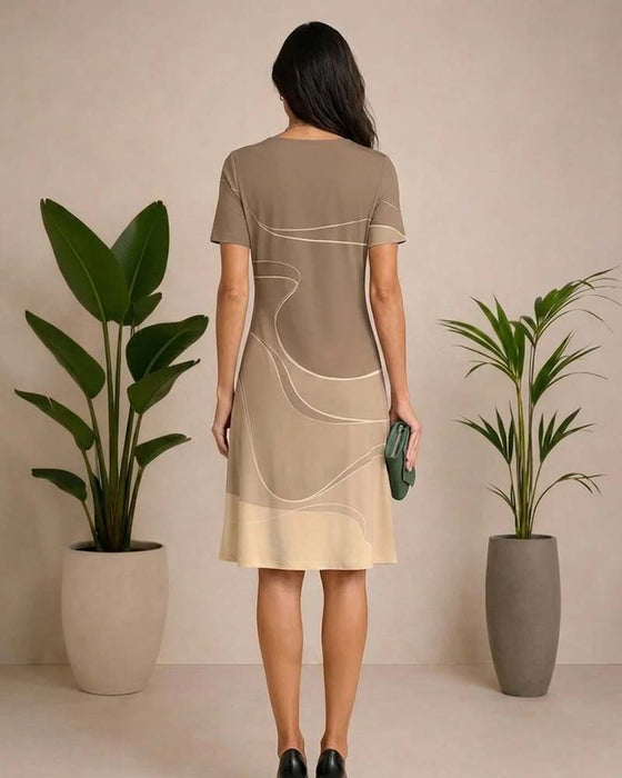 Kleid Runder Ausschnitt Linie Druck Kontrastierend A-Linie