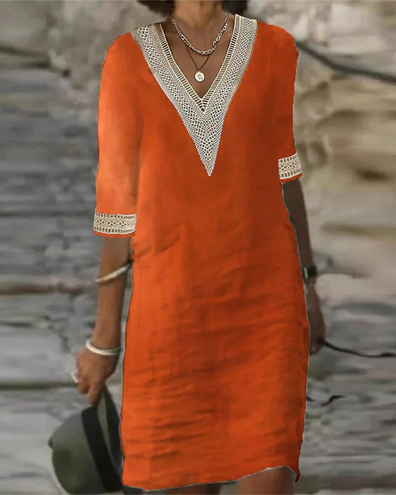 Kleid Dreiviertel Ärmel V-Ausschnitt Spitze Patchwork