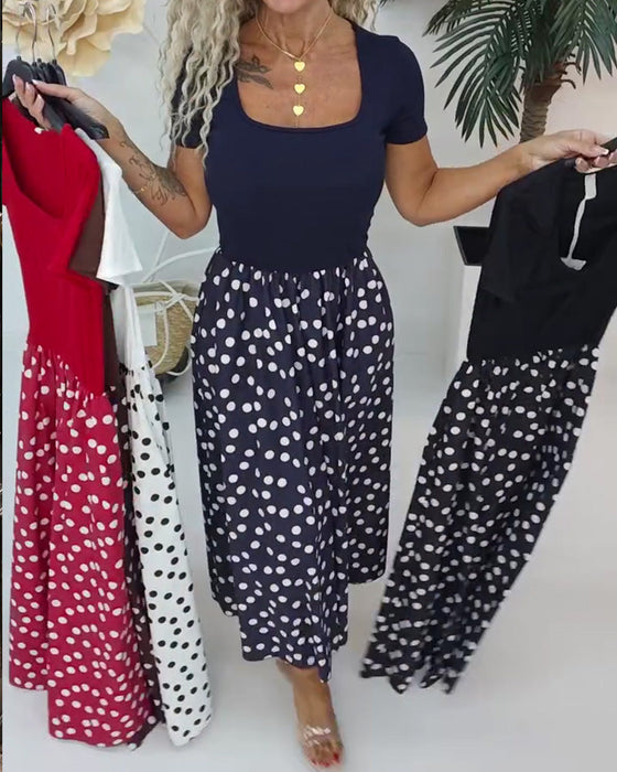 Kleid Quadratischer Ausschnitt Polka Dot Patchwork