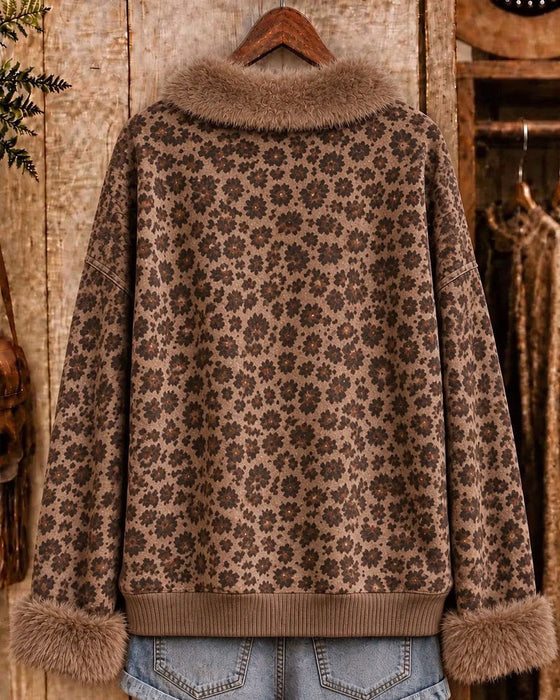 Sweatshirt Revers Geknöpft Leopardenmuster Langarm