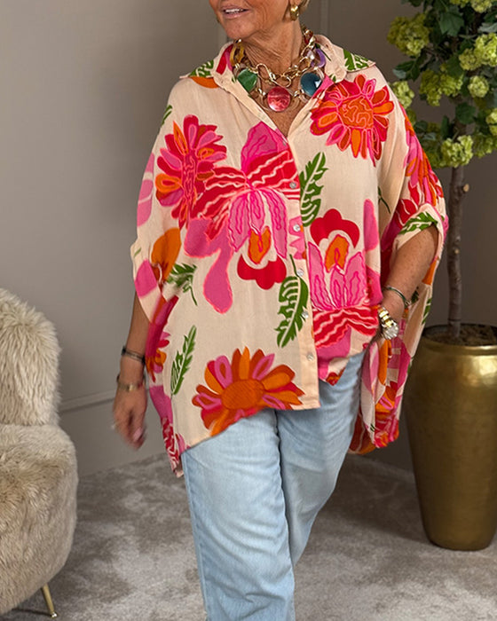 Bluse Revers Blumenmuster Asymmetrisch