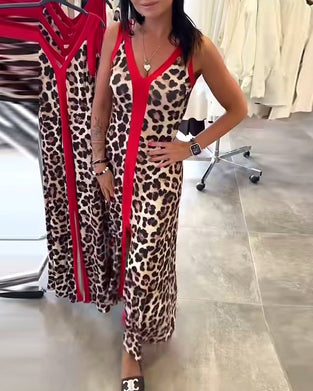 Kleid ärmellos elegant Leopardenmuster Kontrast