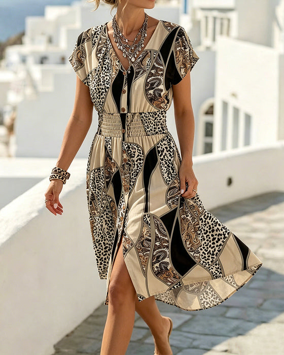 Kleid Leopardenmuster V-Ausschnitt Knopf Taille