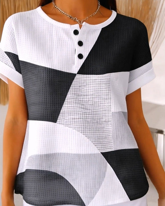 Bluse Rundhals Knopf Farbblock Waffel