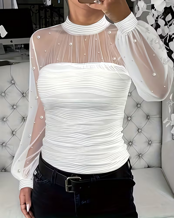 Bluse Mock Neck Gerafft Sheer