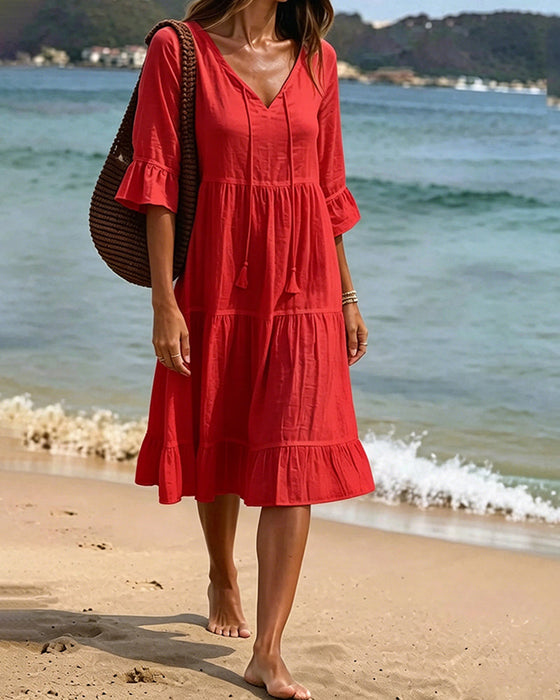 Kleid Ausgestellt Halbarm Bindegürtel
