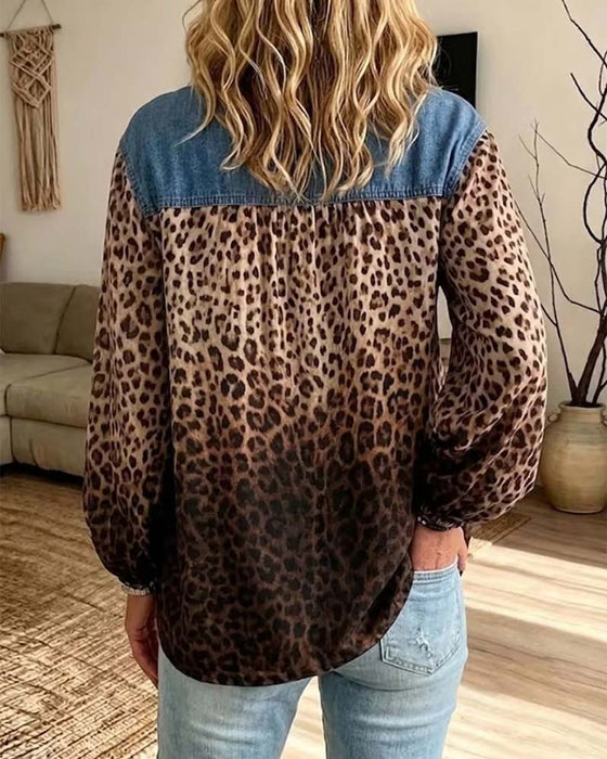 Top Denim Patchwork Leopardenmuster Langarm